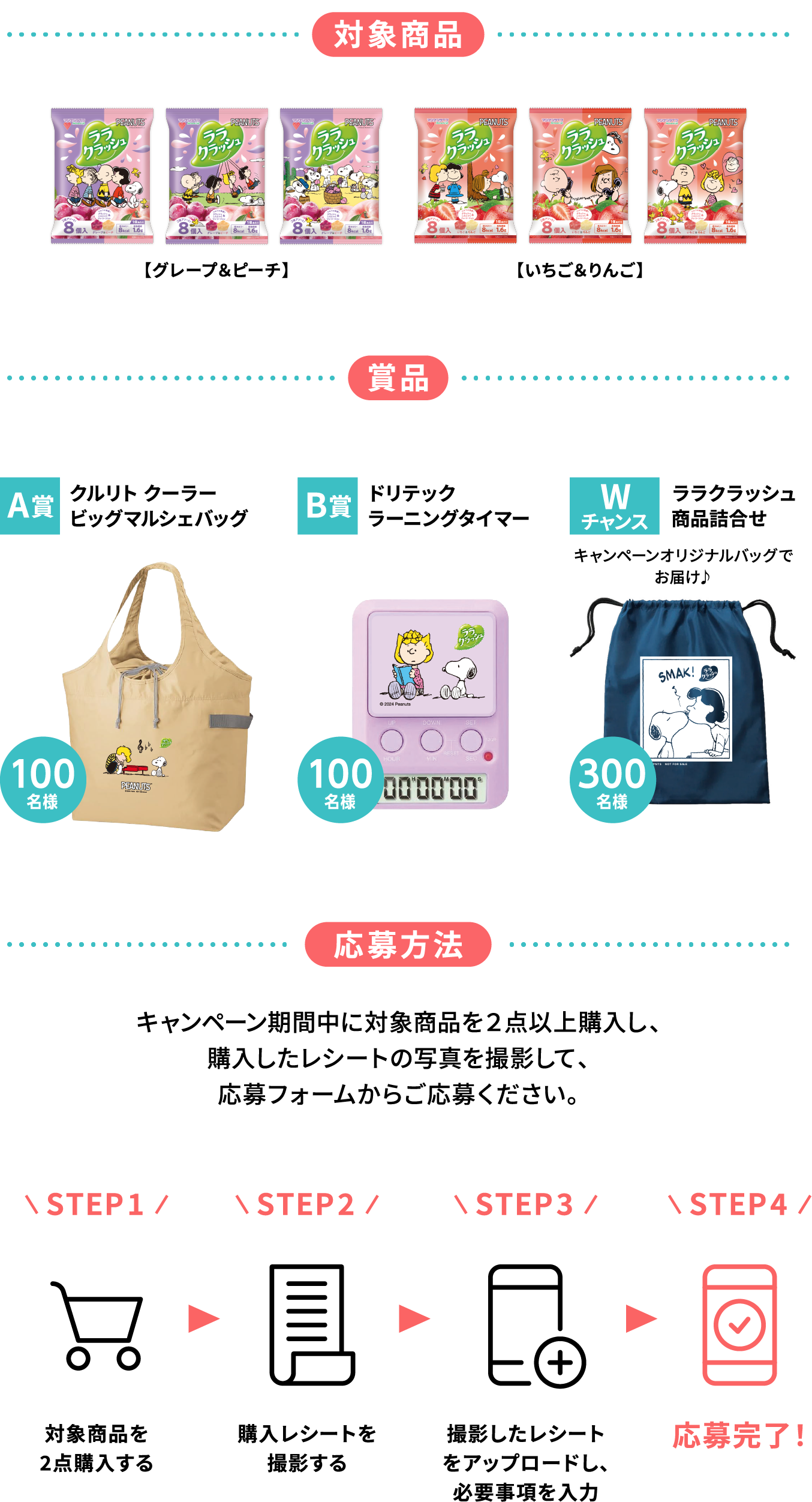 対象商品 【グレープ＆ピーチ】 【いちご＆りんご】 賞品 A賞 クルリトクーラービッグマルシェバッグ 100名様 B賞 ドリテックラーニングタイマー 100名様 Wチャンス ララクラッシュ商品詰合せ キャンペーンオリジナルバッグでお届け♪ 300名様 応募方法 キャンペーン期間中に対象商品を２点以上購入し、購入したレシートの写真を撮影して、応募フォームからご応募ください。 STEP1 対象商品を2点購入する STEP2 購入レシートを撮影する STEP3 撮影したレシートをアップロードし、必要事項を入力  STEP4 応募完了！